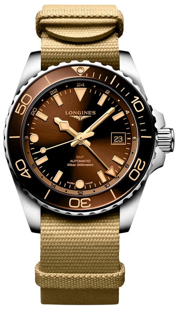 Longines HydroConquest GMT Automatic Stainless Steel Brown Dial Beige NATO Nylon Strap Date Divers Mens Watch L3.790.4.66.2 - Watches & Beyond