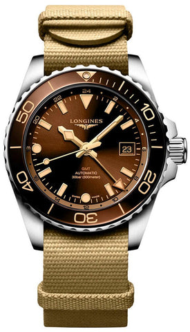 Longines HydroConquest GMT Automatic Stainless Steel Brown Dial Beige NATO Nylon Strap Date Divers Mens Watch L3.790.4.66.2 - Watches & Beyond