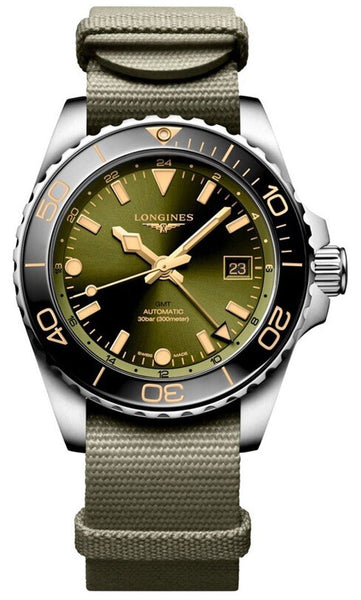 Longines HydroConquest GMT Automatic Stainless Steel Green Dial Green Nylon NATO Strap Date Divers Mens Watch L3.790.4.06.2 - Watches & Beyond