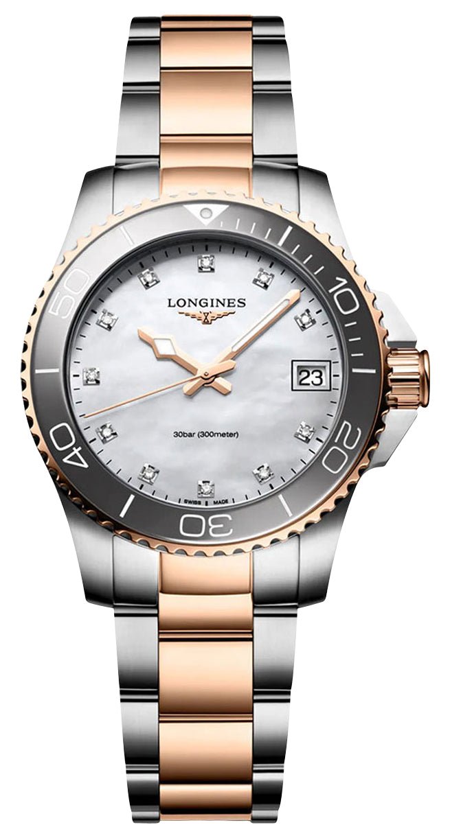 Longines HydroConquest Stainless Steel & Rose Gold PVD Mother - Of - Pearl Dial Diamonds Date Divers Quartz Womens Watch L3.370.3.89.6 - Watches & Beyond