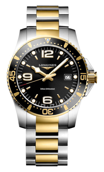 Longines HydroConquest Two - Tone Stainless Steel Black Dial Date Divers Quartz Mens Watch L3.740.3.56.7 - WAB - Shipping Dept.