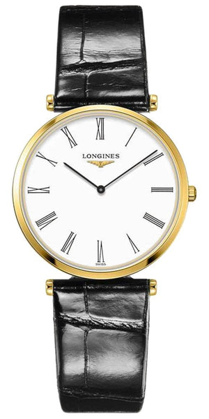 Longines La Grand Classique Yellow Gold PVD White Dial Black Leather Strap Quartz Womens Watch L4.709.2.21.2 - WAB - Shipping Dept.