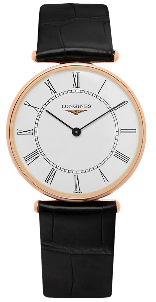 Longines La Grande Classique Agassiz 18K Rose Gold White Dial Black Leather Strap Quartz Unisex Watch L4.691.8.11.0 - Watches & Beyond