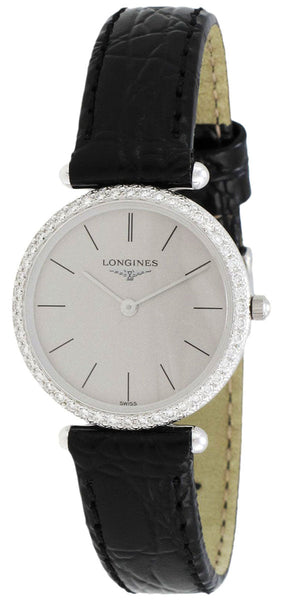 Longines La Grande Classique Agassiz 18kt White Gold & Diamond Womens Watch Grey Dial Black Leather L4.191.7.72.2 - WAB - Shipping Dept.