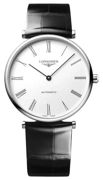 Longines La Grande Classique Automatic Stainless Steel White Dial Black Leather Strap Mens Watch L4.918.4.11.2 - Watches & Beyond