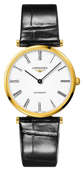 Longines La Grande Classique Automatic Yellow Gold PVD White Dial Black Leather Strap Mens Watch L4.918.2.11.2 - Watches & Beyond