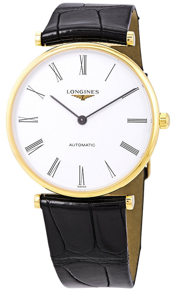 Longines La Grande Classique Automatic Yellow Gold PVD White Dial Black Leather Strap Unisex Watch L4.908.2.11.2 - Watches & Beyond