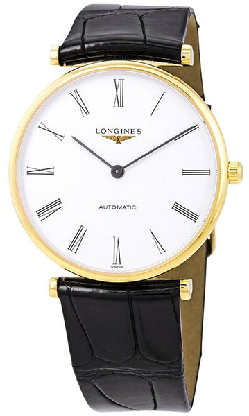 Longines La Grande Classique Automatic Yellow Gold PVD White Dial Black Leather Strap Unisex Watch L4.908.2.11.2 - Watches & Beyond