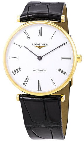 Longines La Grande Classique Automatic Yellow Gold PVD White Dial Black Leather Strap Unisex Watch L4.908.2.11.2 - Watches & Beyond