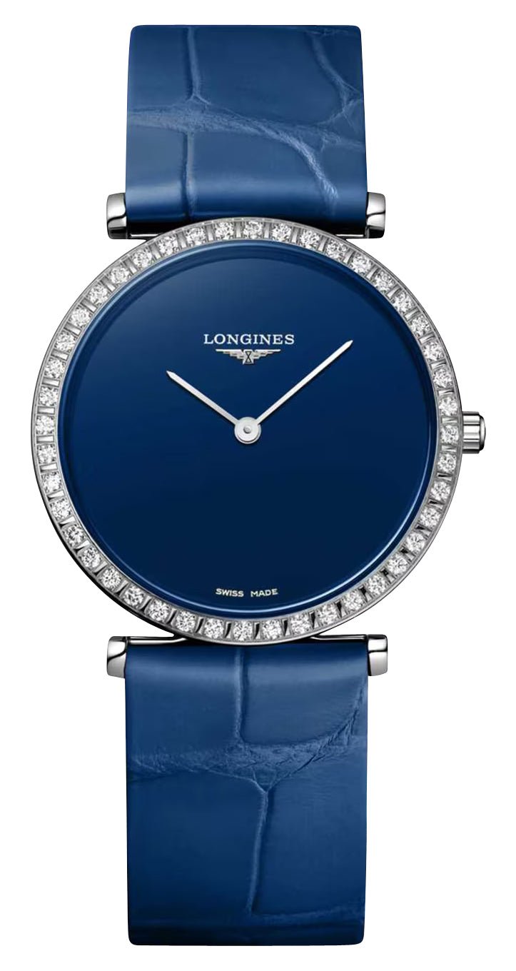 Longines La Grande Classique Monochrome Stainless Steel Blue Dial Blue Leather Strap Diamonds Quartz Womens Watch L4.523.0.90.2 - Watches & Beyond