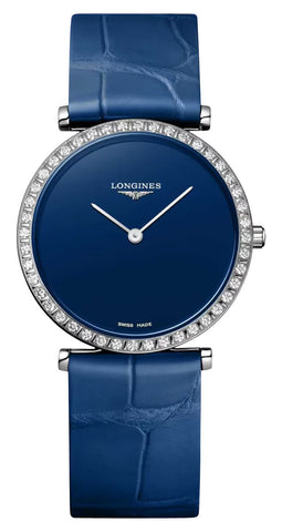 Longines La Grande Classique Monochrome Stainless Steel Blue Dial Blue Leather Strap Diamonds Quartz Womens Watch L4.523.0.90.2 - Watches & Beyond