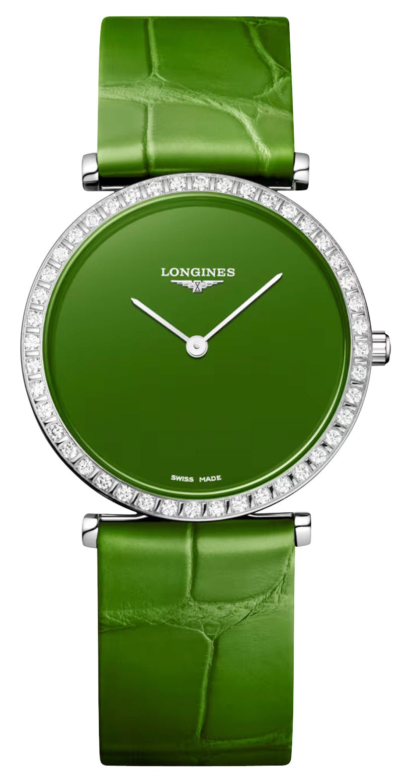 Longines La Grande Classique Monochrome Stainless Steel Green Dial Green Leather Strap Diamonds Quartz Womens Watch L4.523.0.60.2 - Watches & Beyond