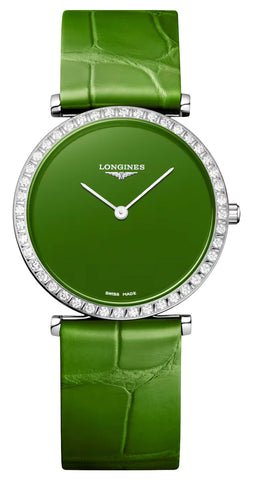 Longines La Grande Classique Monochrome Stainless Steel Green Dial Green Leather Strap Diamonds Quartz Womens Watch L4.523.0.60.2 - Watches & Beyond