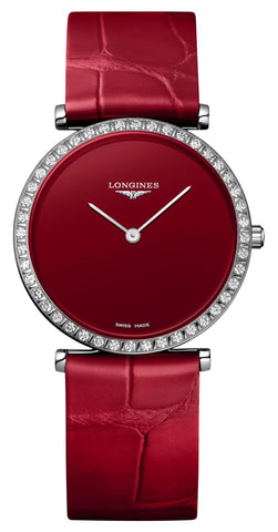 Longines La Grande Classique Monochrome Stainless Steel Red Dial Red Leather Strap Diamonds Quartz Womens Watch L4.523.0.91.2 - Watches & Beyond