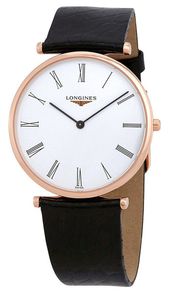 Longines La Grande Classique Rose Gold PVD White Dial Black Leather Strap Quartz Unisex Watch L4.755.1.91.2 - Watches & Beyond