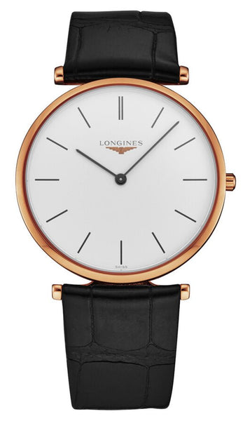 Longines La Grande Classique Rose Gold PVD White Dial Black Leather Strap Quartz Unisex Watch L4.755.1.92.2 - Watches & Beyond