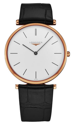 Longines La Grande Classique Rose Gold PVD White Dial Black Leather Strap Quartz Unisex Watch L4.755.1.92.2 - Watches & Beyond