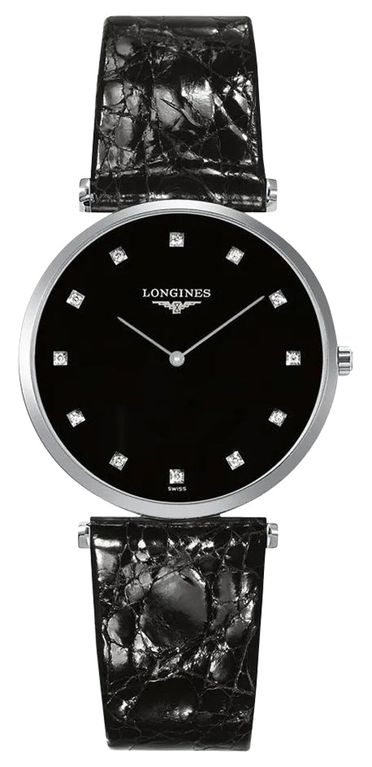 Longines La Grande Classique Stainless Steel Black Dial Black Leather Strap Diamonds Quartz Womens Watch L4.709.4.55.2 - Watches & Beyond