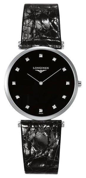 Longines La Grande Classique Stainless Steel Black Dial Black Leather Strap Diamonds Quartz Womens Watch L4.709.4.55.2 - Watches & Beyond