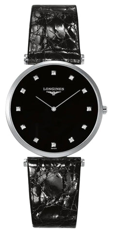 Longines La Grande Classique Stainless Steel Black Dial Black Leather Strap Diamonds Quartz Womens Watch L4.709.4.55.2 - Watches & Beyond