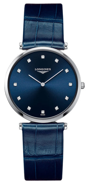 Longines La Grande Classique Stainless Steel Blue Dial Blue Leather Strap Diamonds Quartz Womens Watch L4.709.4.97.2 - Watches & Beyond