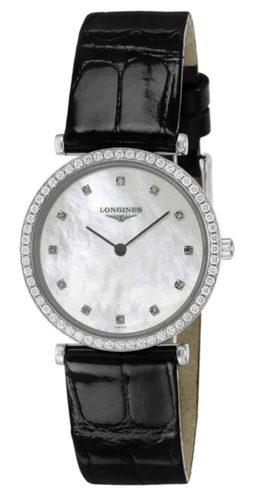 Longines La Grande Classique Stainless Steel Mother - Of - Pearl Dial Black Leather Strap Diamonds Quartz Womens Watch L4.513.0.87.2 - Watches & Beyond