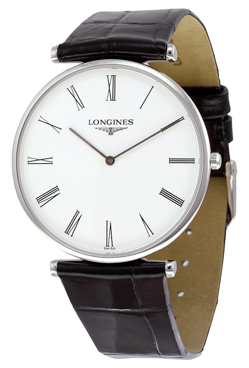 Longines La Grande Classique Stainless Steel White Dial Black Leather Strap Quartz Mens Watch L4.766.4.11.2 - Watches & Beyond