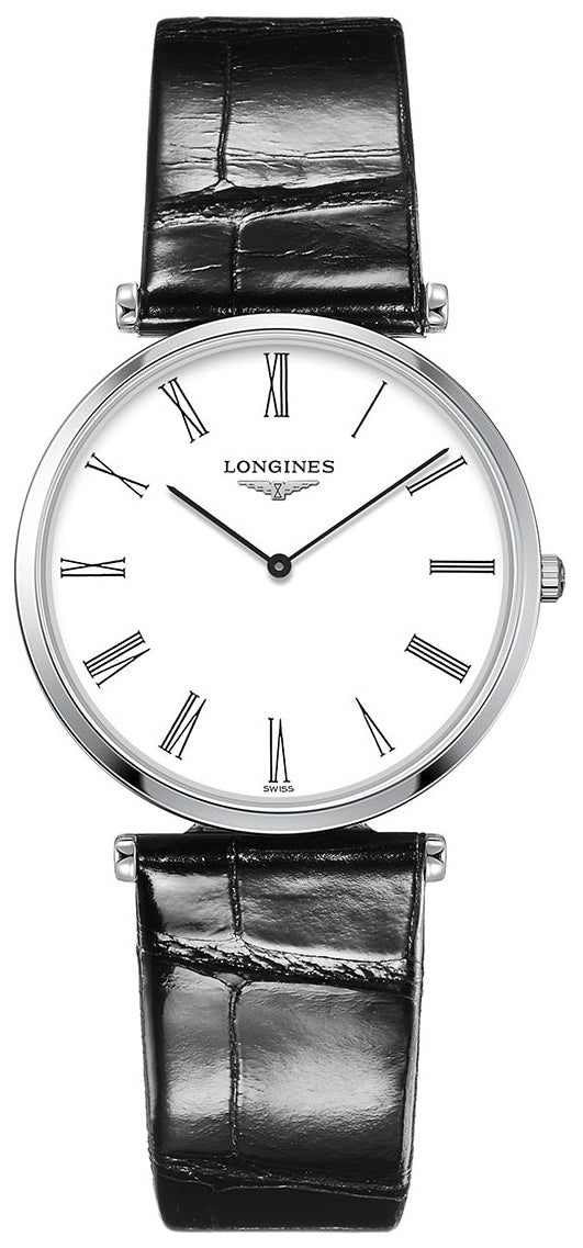 Longines La Grande Classique Stainless Steel White Dial Black Leather Strap Quartz Womens Watch L4.709.4.21.2 - Watches & Beyond