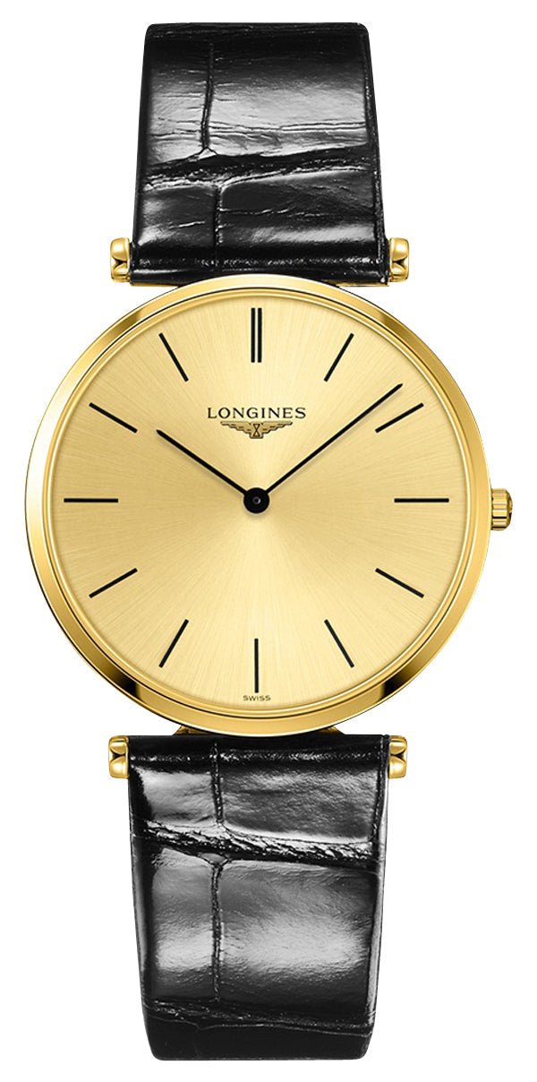 Longines La Grande Classique Yellow Gold PVD Gold Dial Black Leather Strap Quartz Mens Watch L4.755.2.32.2 - Watches & Beyond