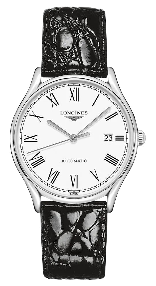 Longines Lyre Automatic Stainless Steel White Dial Black Leather Strap Date Mens Watch L4.960.4.11.2 - Watches & Beyond