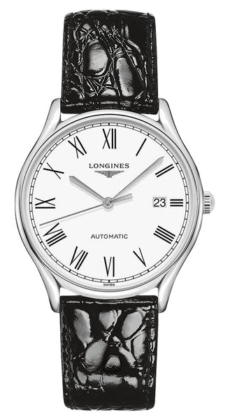 Longines Lyre Automatic Stainless Steel White Dial Black Leather Strap Date Mens Watch L4.960.4.11.2 - Watches & Beyond