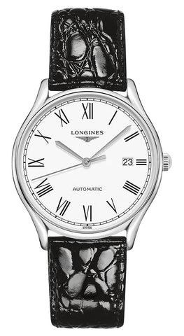 Longines Lyre Automatic Stainless Steel White Dial Black Leather Strap Date Mens Watch L4.960.4.11.2 - Watches & Beyond