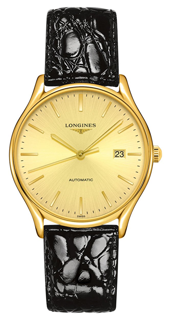 Longines Lyre Automatic Yellow Gold PVD Gold Dial Black Leather Strap Date Mens Watch L4.960.2.32.2 - Watches & Beyond