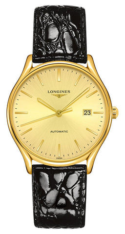 Longines Lyre Automatic Yellow Gold PVD Gold Dial Black Leather Strap Date Mens Watch L4.960.2.32.2 - Watches & Beyond