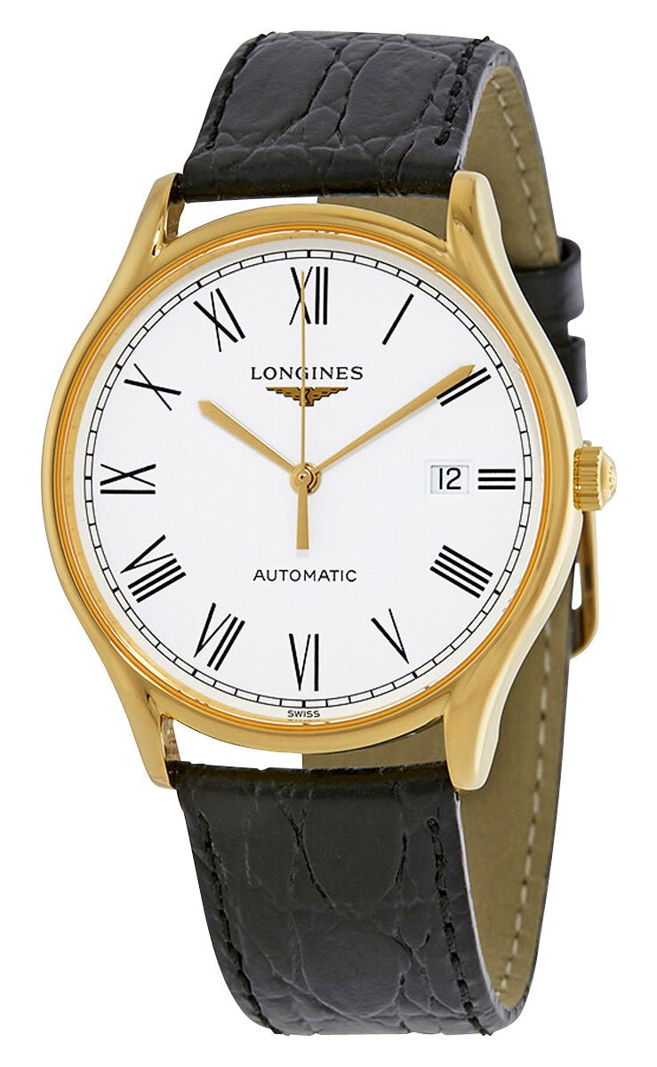 Longines Lyre Automatic Yellow Gold PVD White Dial Black Leather Strap Date Mens Watch L4.960.2.11.2 - Watches & Beyond