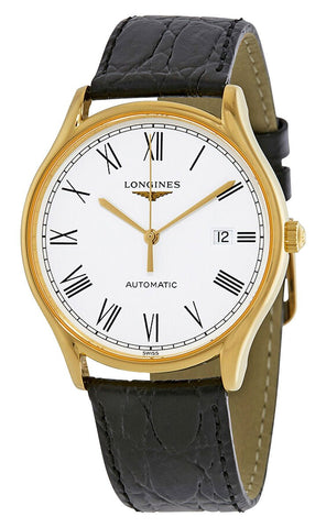 Longines Lyre Automatic Yellow Gold PVD White Dial Black Leather Strap Date Mens Watch L4.960.2.11.2 - Watches & Beyond