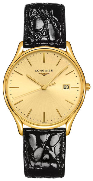 Longines Lyre Yellow Gold PVD Gold - Tone Dial Black Leather Strap Date Quartz Mens Watch L4.859.2.32.2 - WAB - Shipping Dept.