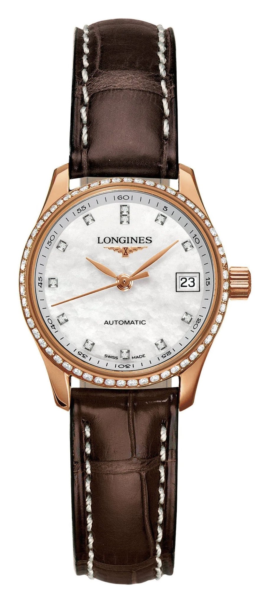 Longines Master Collection Automatic 18K Rose Gold Mother - Of - Pearl Dial Brown Leather Strap Diamonds Date Womens Watch L2.128.9.87.3 - WAB - Shipping Dept.