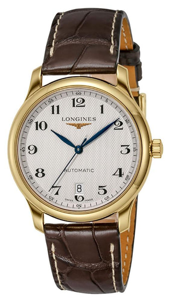 Longines Master Collection Automatic 18K Yellow Gold Brown Leather Strap Silver - Tone Dial Date Mens Watch L2.628.6.78.2 - WAB - Shipping Dept.