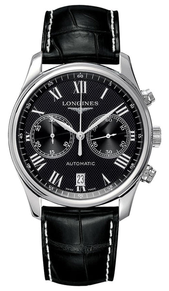 Longines Master Collection Automatic Chronograph Stainless Steel Black Dial Black Leather Strap Date Mens Watch L2.629.4.51.7 - Watches & Beyond