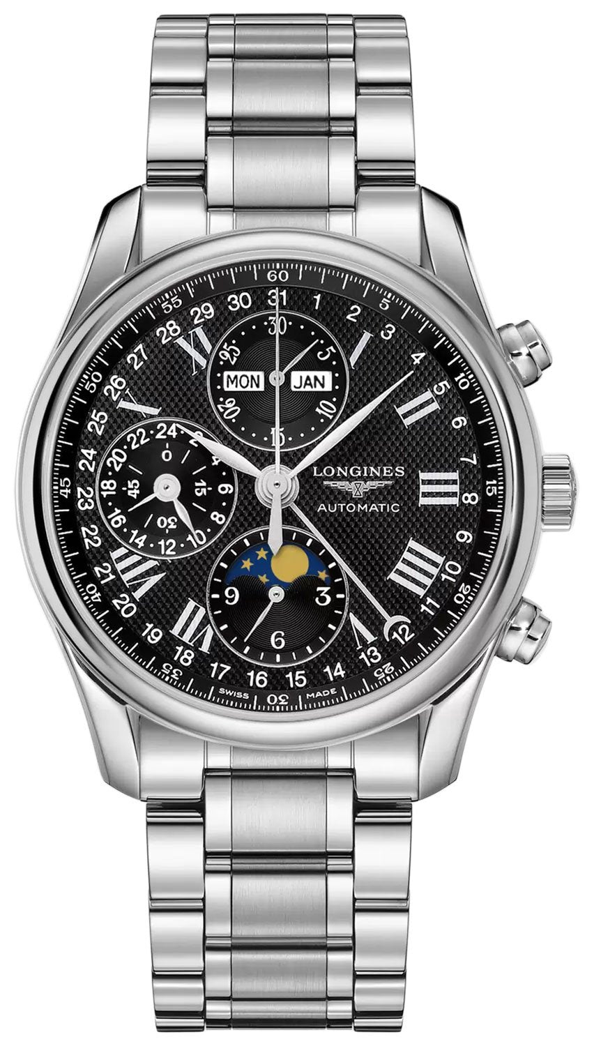 Longines Master Collection Automatic Chronograph Stainless Steel Black Dial Moonphase Day/Date Month Mens Watch L2.673.4.51.6 - WAB - Shipping Dept.