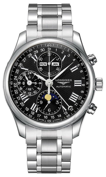 Longines Master Collection Automatic Chronograph Stainless Steel Black Dial Moonphase Day/Date Month Mens Watch L2.773.4.51.6 - WAB - Shipping Dept.