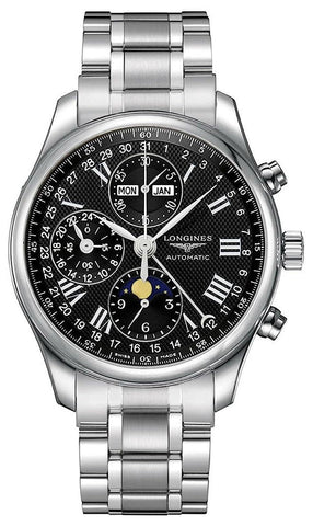 Longines Master Collection Automatic Chronograph Stainless Steel Black Dial Moonphase Day/Date Month Mens Watch L2.773.4.51.6 - WAB - Shipping Dept.