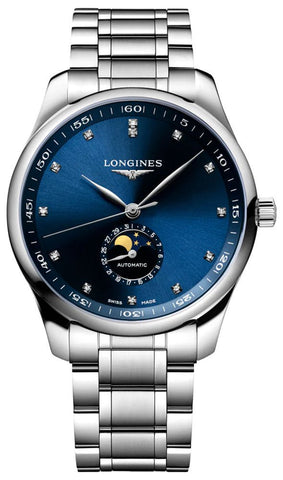 Longines Master Collection Automatic Moonphase Date Blue Dial Diamonds Stainless Steel Men's Watch L2.919.4.97.6 - WAB - Shipping Dept.