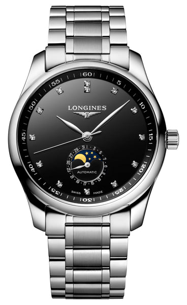 Longines Master Collection Automatic Stainless Steel Black Dial Moonphase Date Diamonds Mens Watch L2.909.4.57.6 - Watches & Beyond