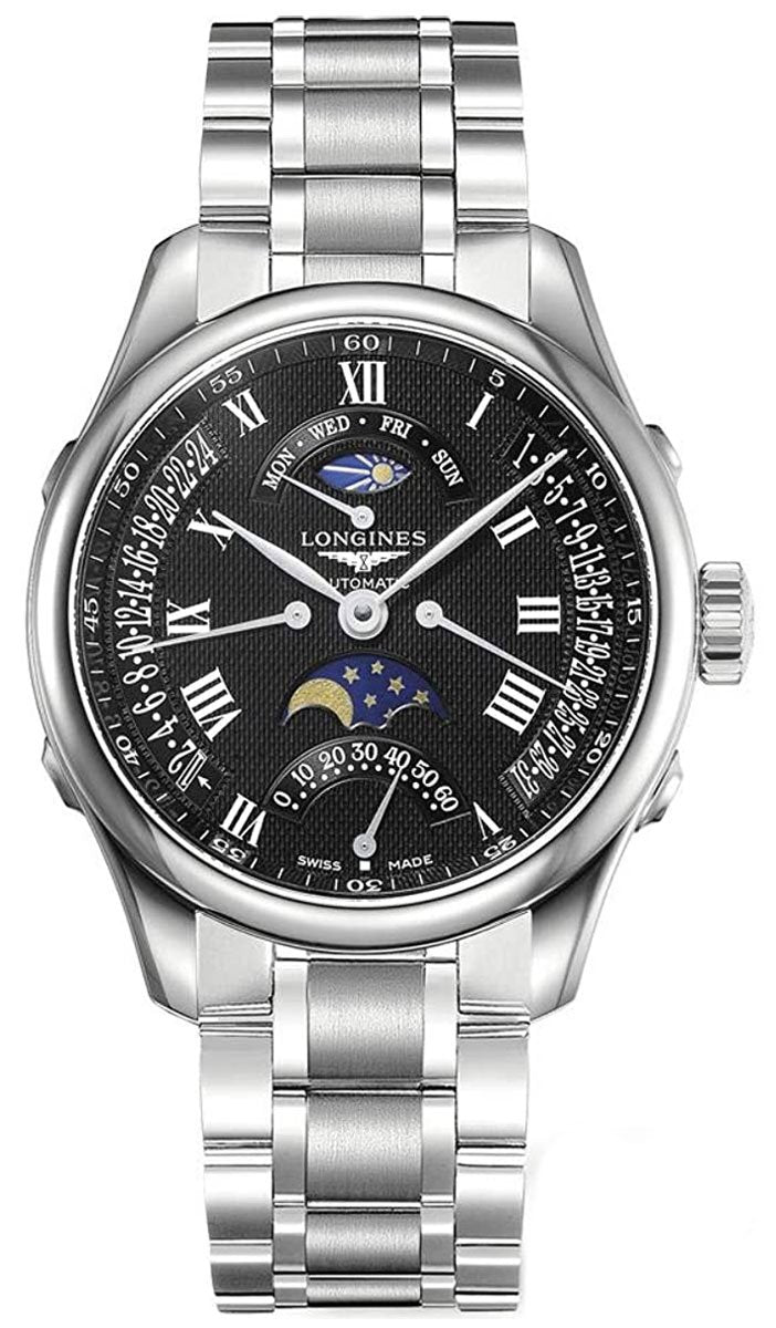 Longines Master Collection Automatic Stainless Steel Black Dial Moonphase Dual Time Zone Day/Date Retrograde Mens Watch L2.738.4.51.6 - WAB - Shipping Dept.