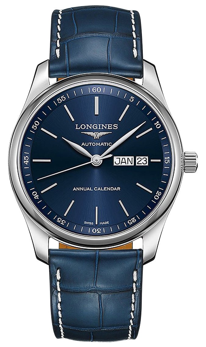 Longines Master Collection Automatic Stainless Steel Blue Dial Blue Leather Strap Date/Month Mens Watch L2.910.4.92.0 - Watches & Beyond