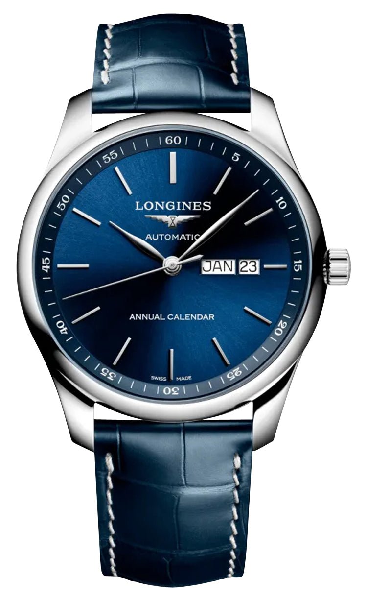 Longines Master Collection Automatic Stainless Steel Blue Dial Blue Leather Strap Date/Month Mens Watch L2.920.4.92.0 - Watches & Beyond