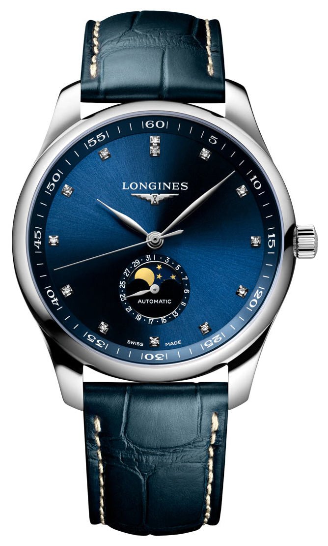 Longines Master Collection Automatic Stainless Steel Blue Dial Blue Leather Strap Diamonds Moonphase Date Mens Watch L2.919.4.97.0 - Watches & Beyond