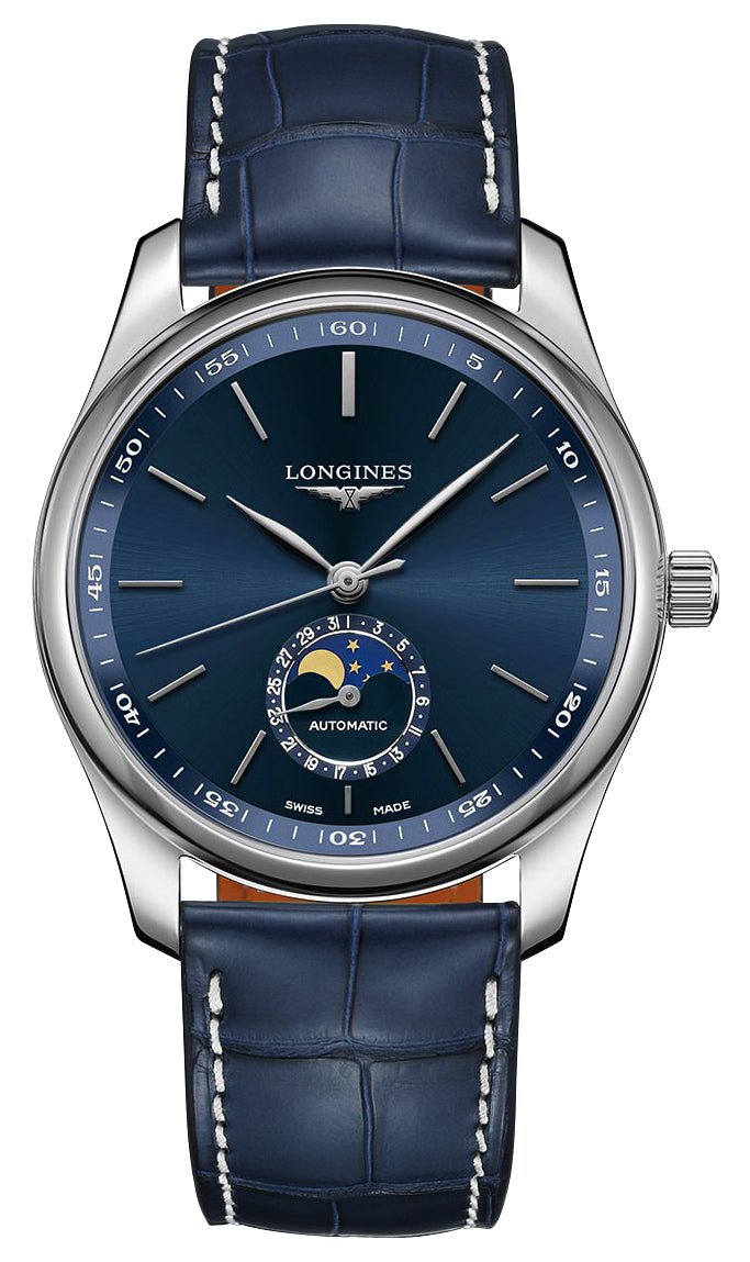 Longines Master Collection Automatic Stainless Steel Blue Dial Blue Leather Strap Moonphase Date Mens Watch L2.909.4.92.0 - Watches & Beyond
